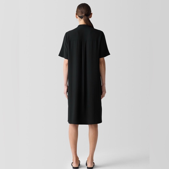Eileen Fisher 100% Silk Mandarin Collar Button Down Shirt Dress Black - M - Picture 3 of 16